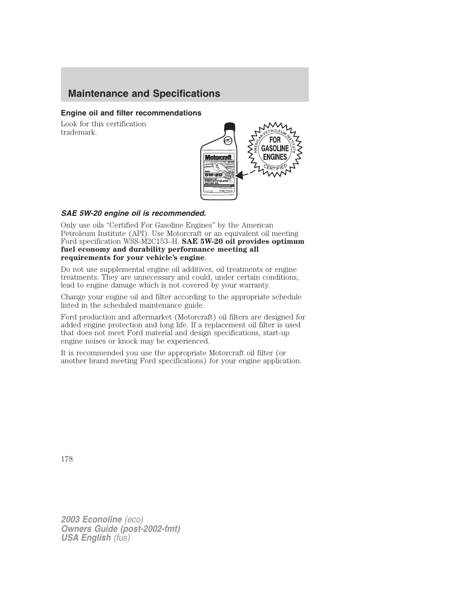 Maintenance and specifications | FORD 2003 E-550 v.2 User Manual | Page 178 / 232