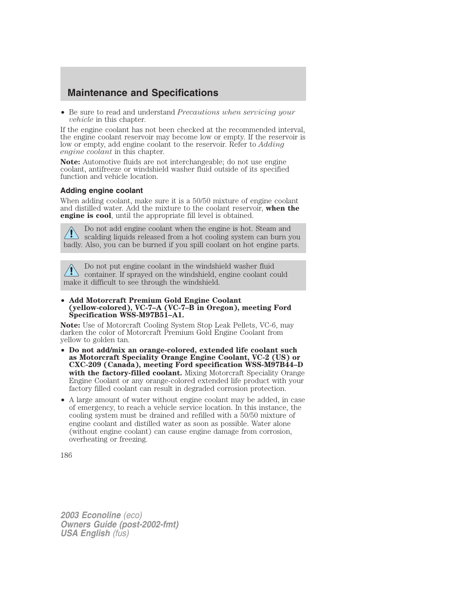 Maintenance and specifications | FORD 2003 E-550 v.2 User Manual | Page 186 / 232