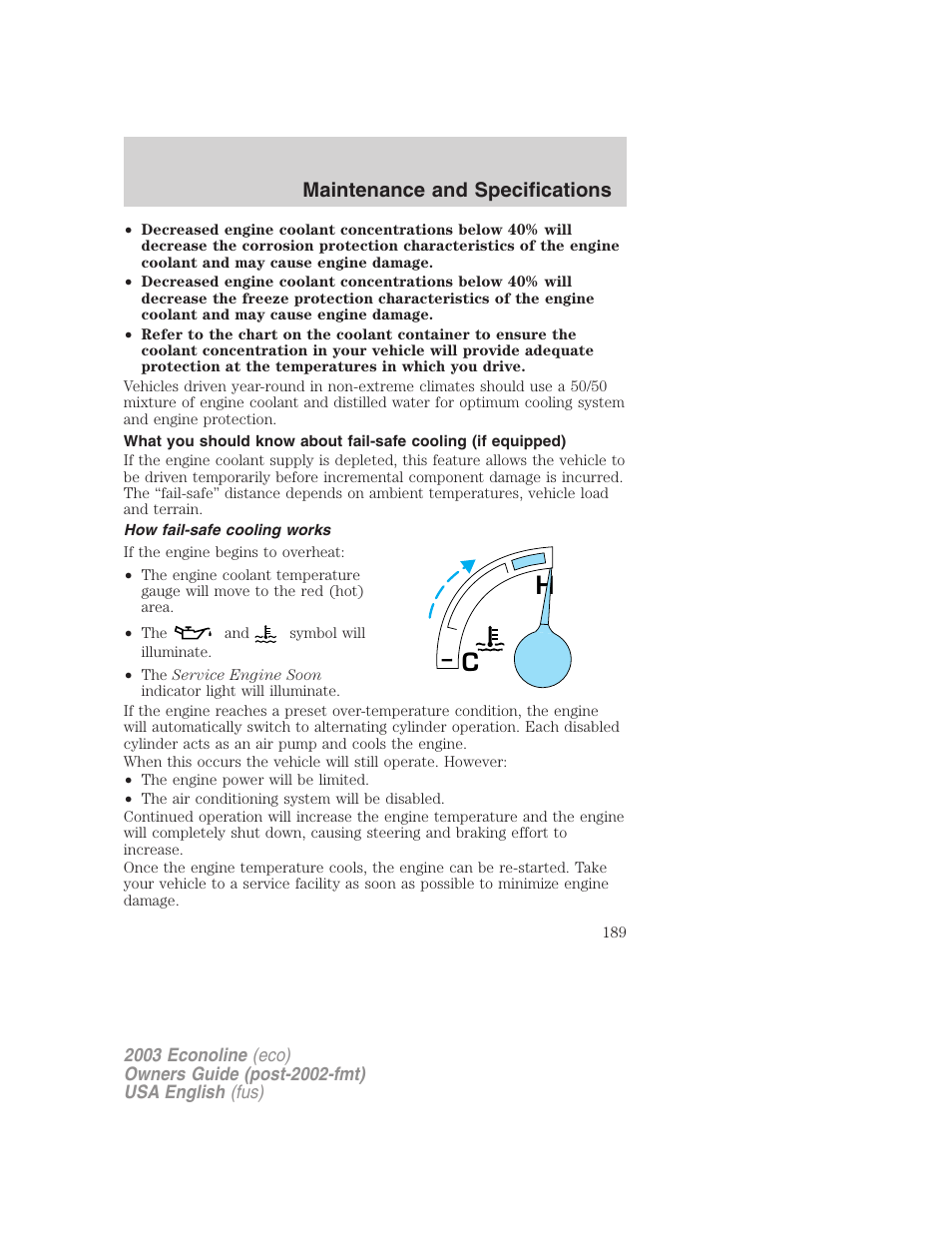 Maintenance and specifications | FORD 2003 E-550 v.2 User Manual | Page 189 / 232