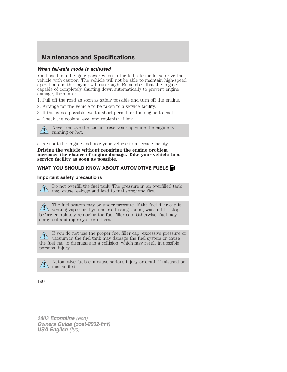 Maintenance and specifications | FORD 2003 E-550 v.2 User Manual | Page 190 / 232