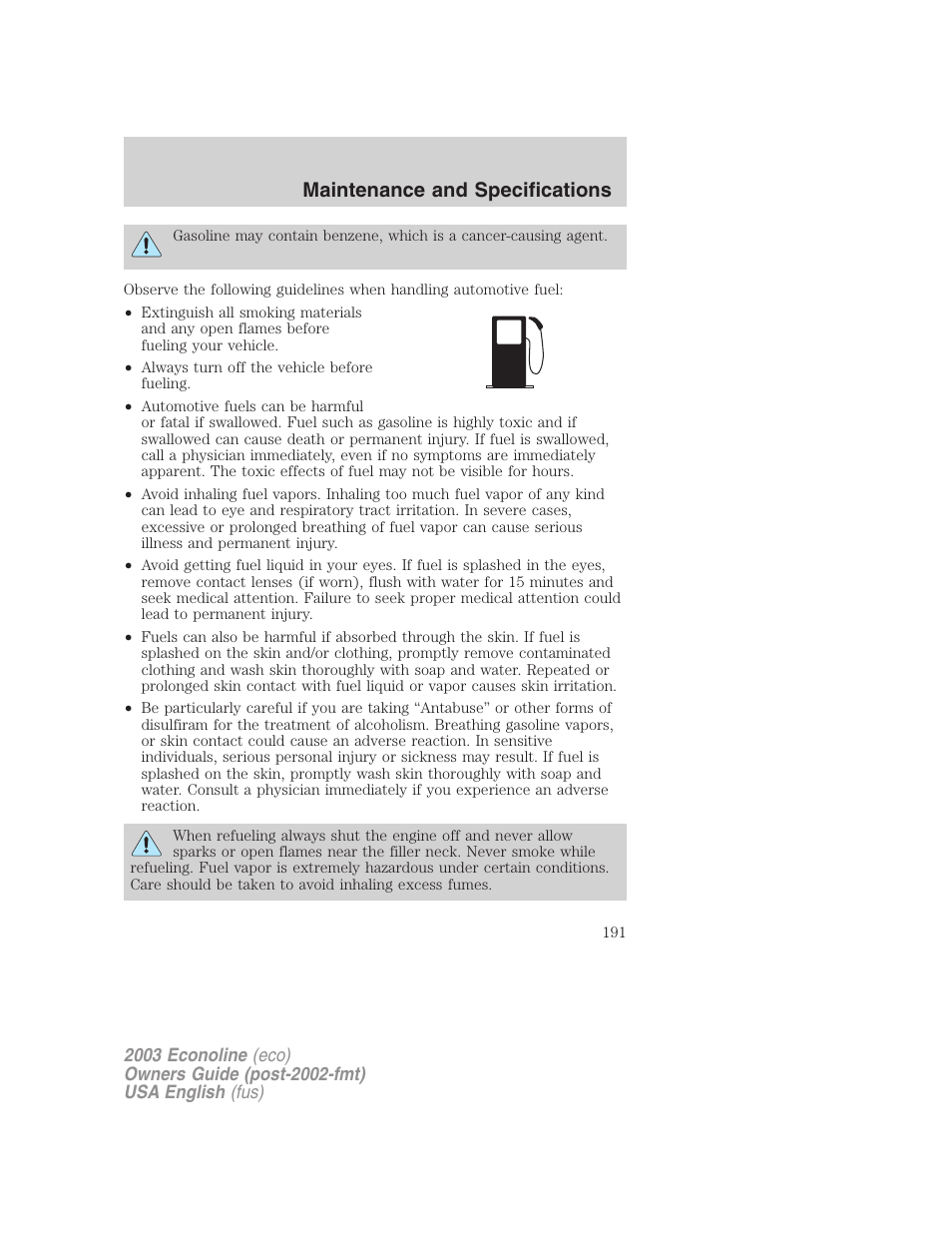 Maintenance and specifications | FORD 2003 E-550 v.2 User Manual | Page 191 / 232