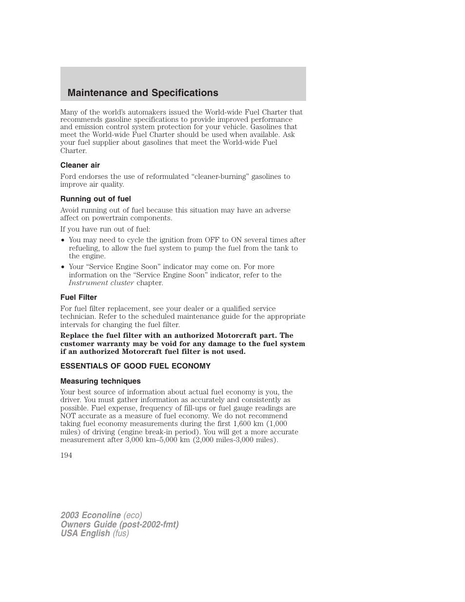 Maintenance and specifications | FORD 2003 E-550 v.2 User Manual | Page 194 / 232