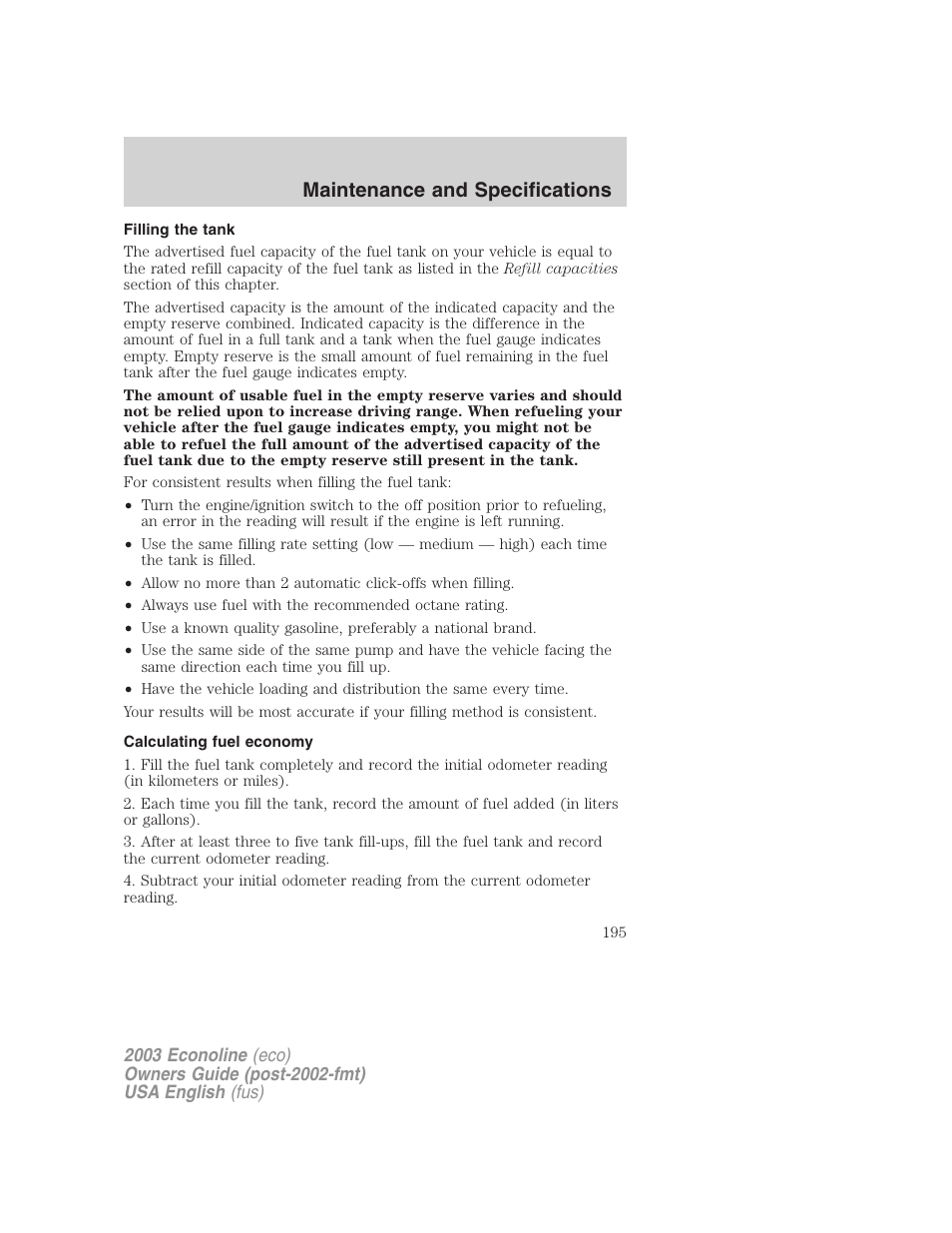 Maintenance and specifications | FORD 2003 E-550 v.2 User Manual | Page 195 / 232