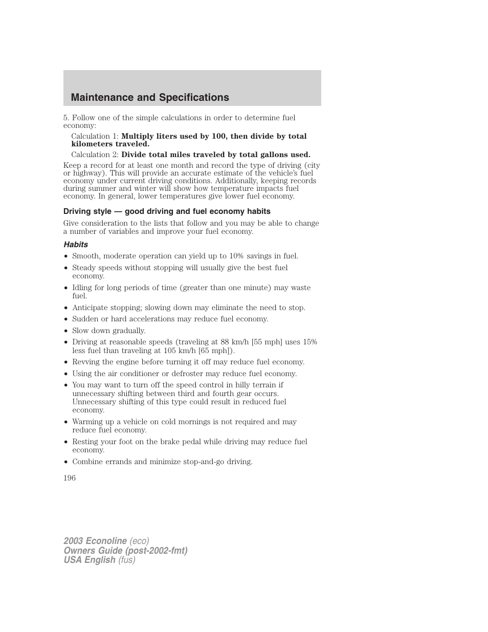 Maintenance and specifications | FORD 2003 E-550 v.2 User Manual | Page 196 / 232