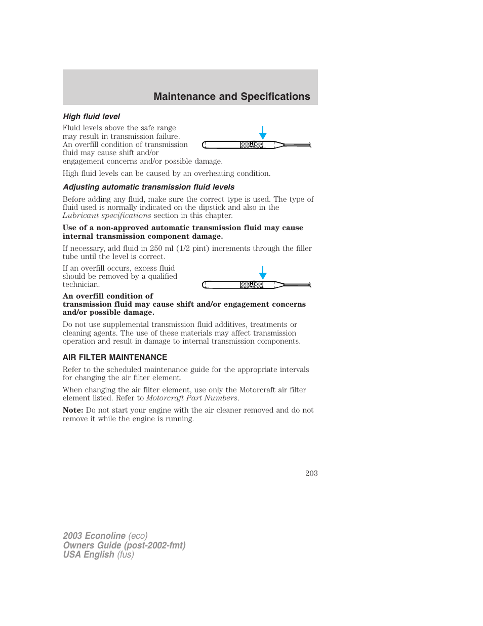 Maintenance and specifications | FORD 2003 E-550 v.2 User Manual | Page 203 / 232