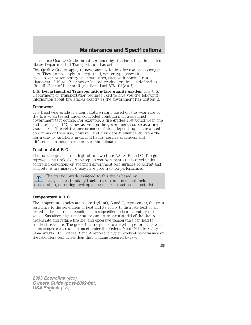 Maintenance and specifications | FORD 2003 E-550 v.2 User Manual | Page 205 / 232