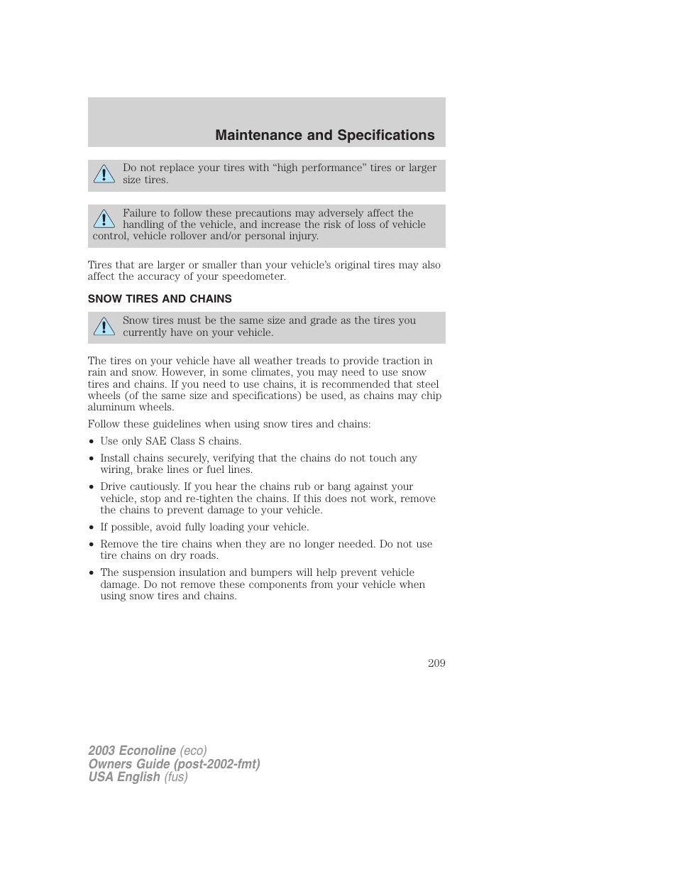 Maintenance and specifications | FORD 2003 E-550 v.2 User Manual | Page 209 / 232