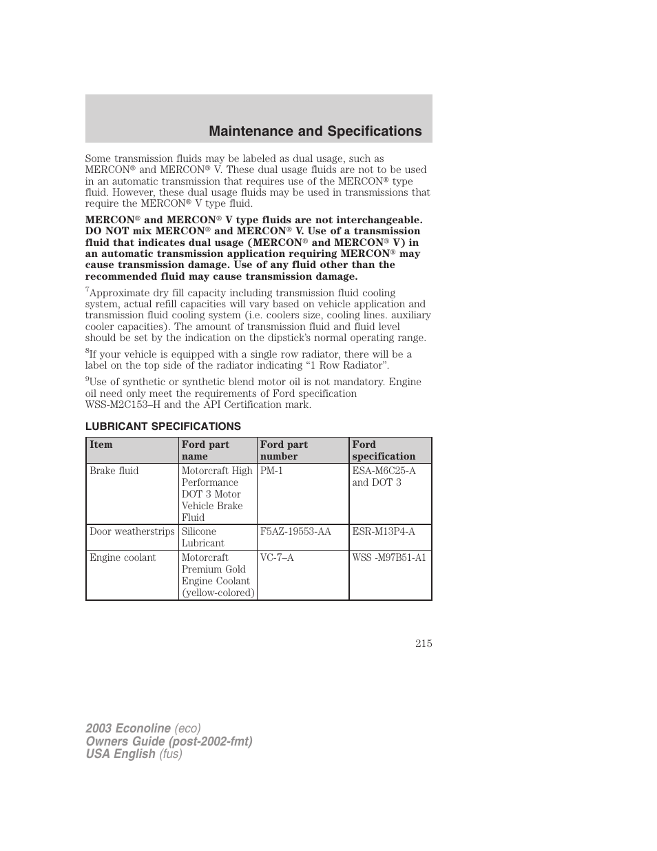 Maintenance and specifications | FORD 2003 E-550 v.2 User Manual | Page 215 / 232