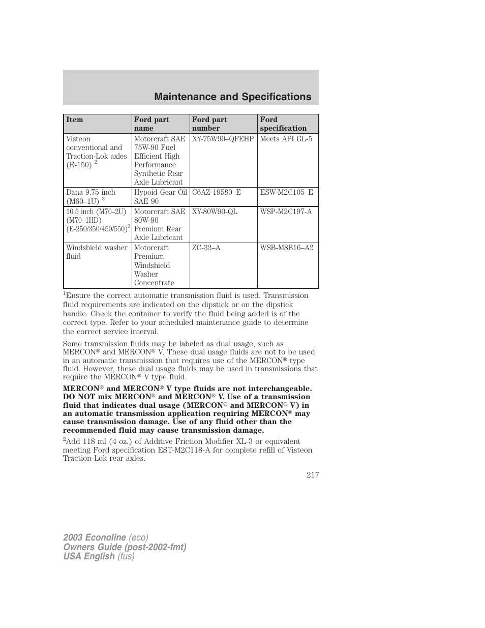 Maintenance and specifications | FORD 2003 E-550 v.2 User Manual | Page 217 / 232