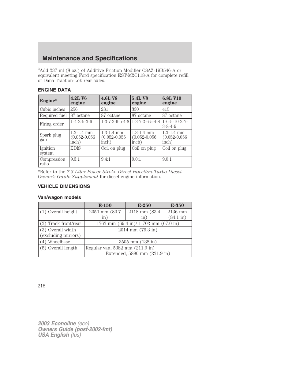 Maintenance and specifications | FORD 2003 E-550 v.2 User Manual | Page 218 / 232