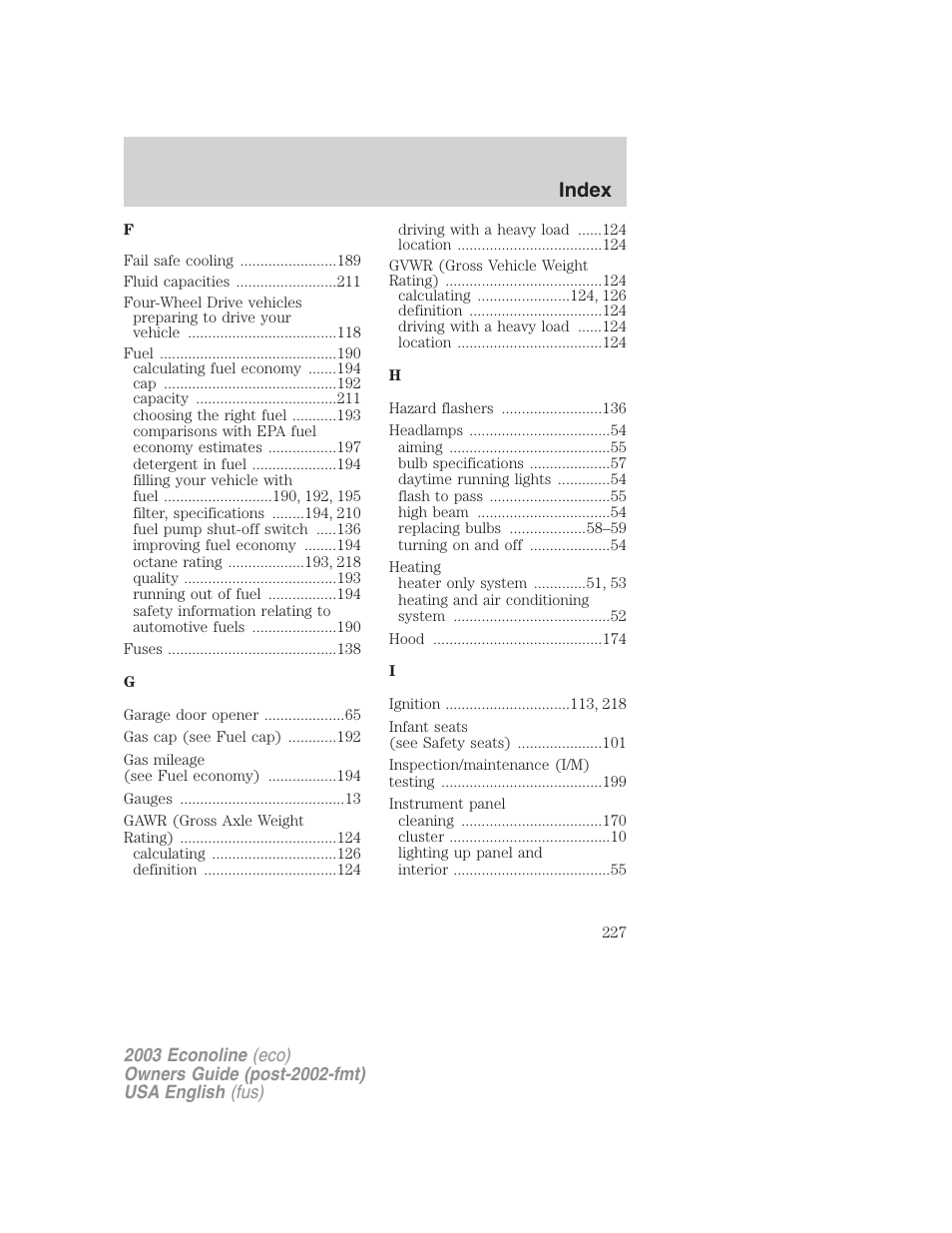 Index | FORD 2003 E-550 v.2 User Manual | Page 227 / 232