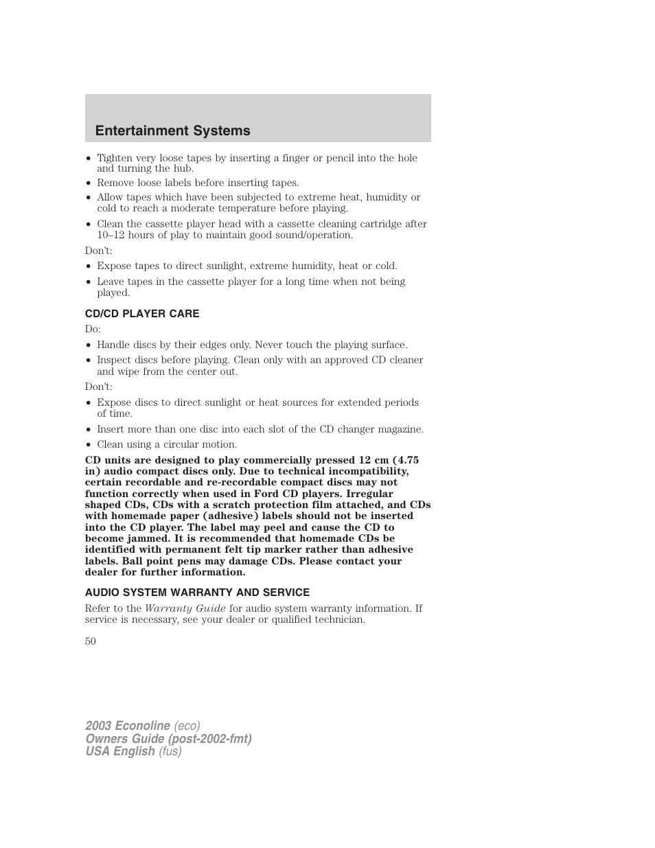 Entertainment systems | FORD 2003 E-550 v.2 User Manual | Page 50 / 232
