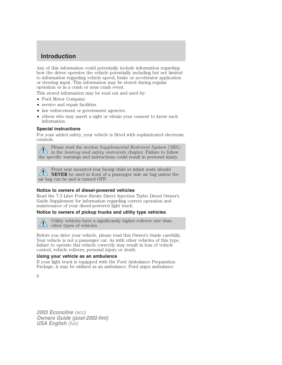 Introduction | FORD 2003 E-550 v.2 User Manual | Page 6 / 232