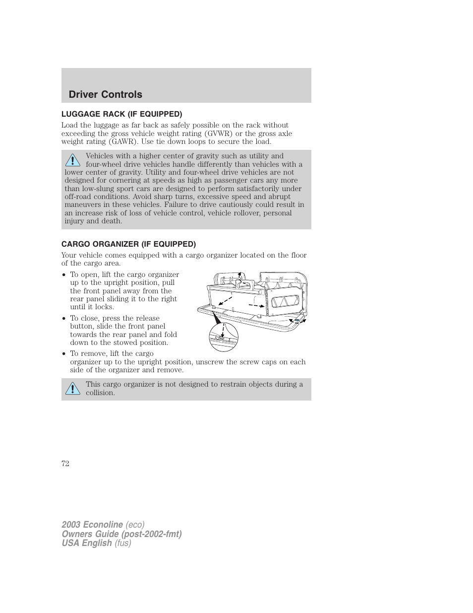 Driver controls | FORD 2003 E-550 v.2 User Manual | Page 72 / 232