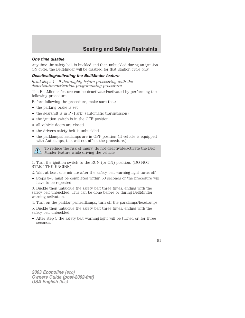 Seating and safety restraints | FORD 2003 E-550 v.2 User Manual | Page 91 / 232