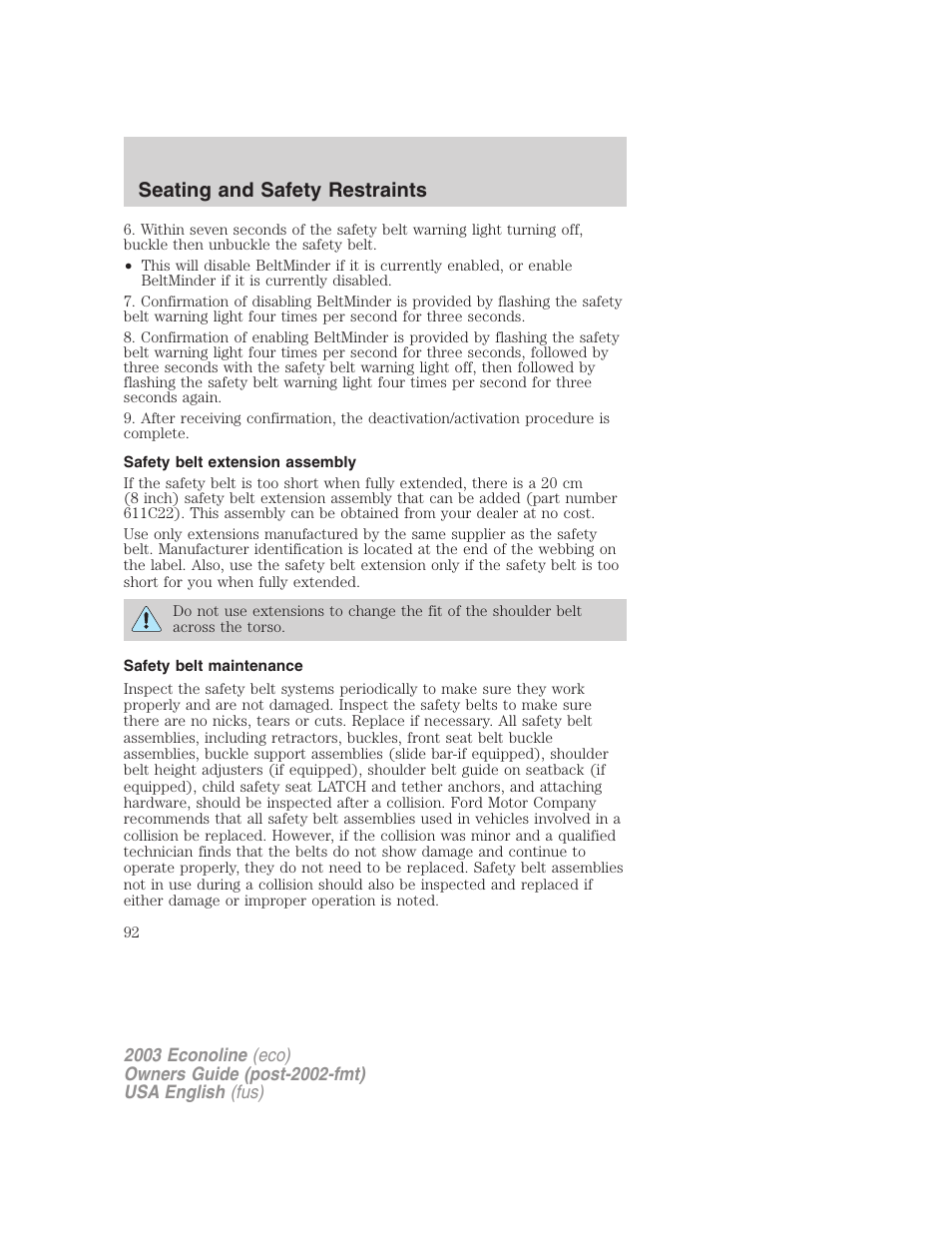 Seating and safety restraints | FORD 2003 E-550 v.2 User Manual | Page 92 / 232
