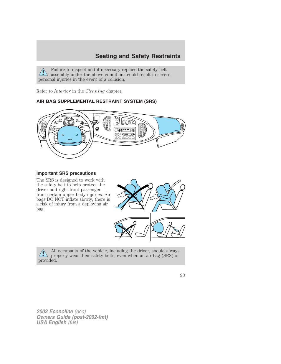 Seating and safety restraints | FORD 2003 E-550 v.2 User Manual | Page 93 / 232