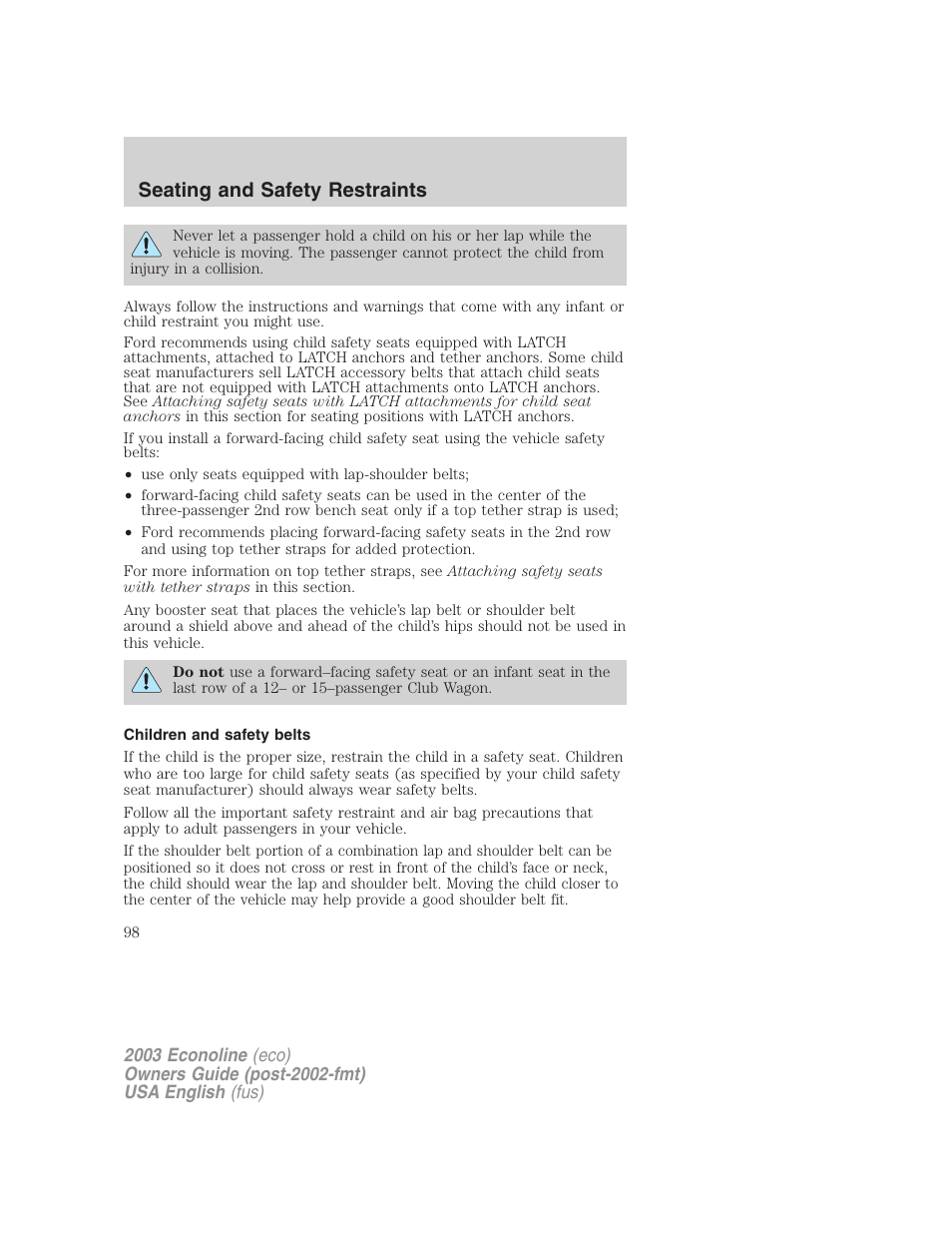 Seating and safety restraints | FORD 2003 E-550 v.2 User Manual | Page 98 / 232