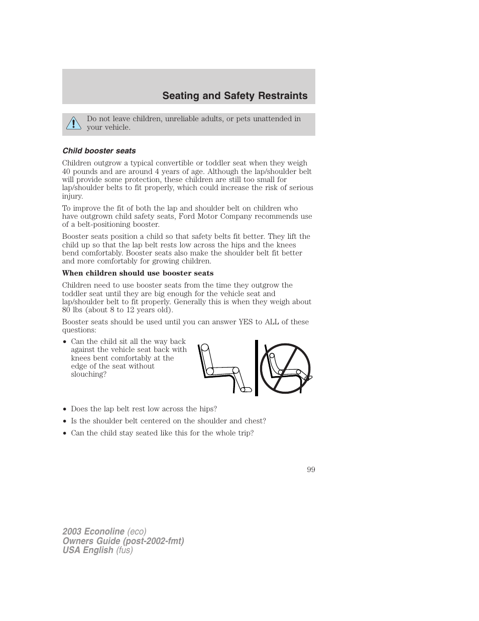 Seating and safety restraints | FORD 2003 E-550 v.2 User Manual | Page 99 / 232