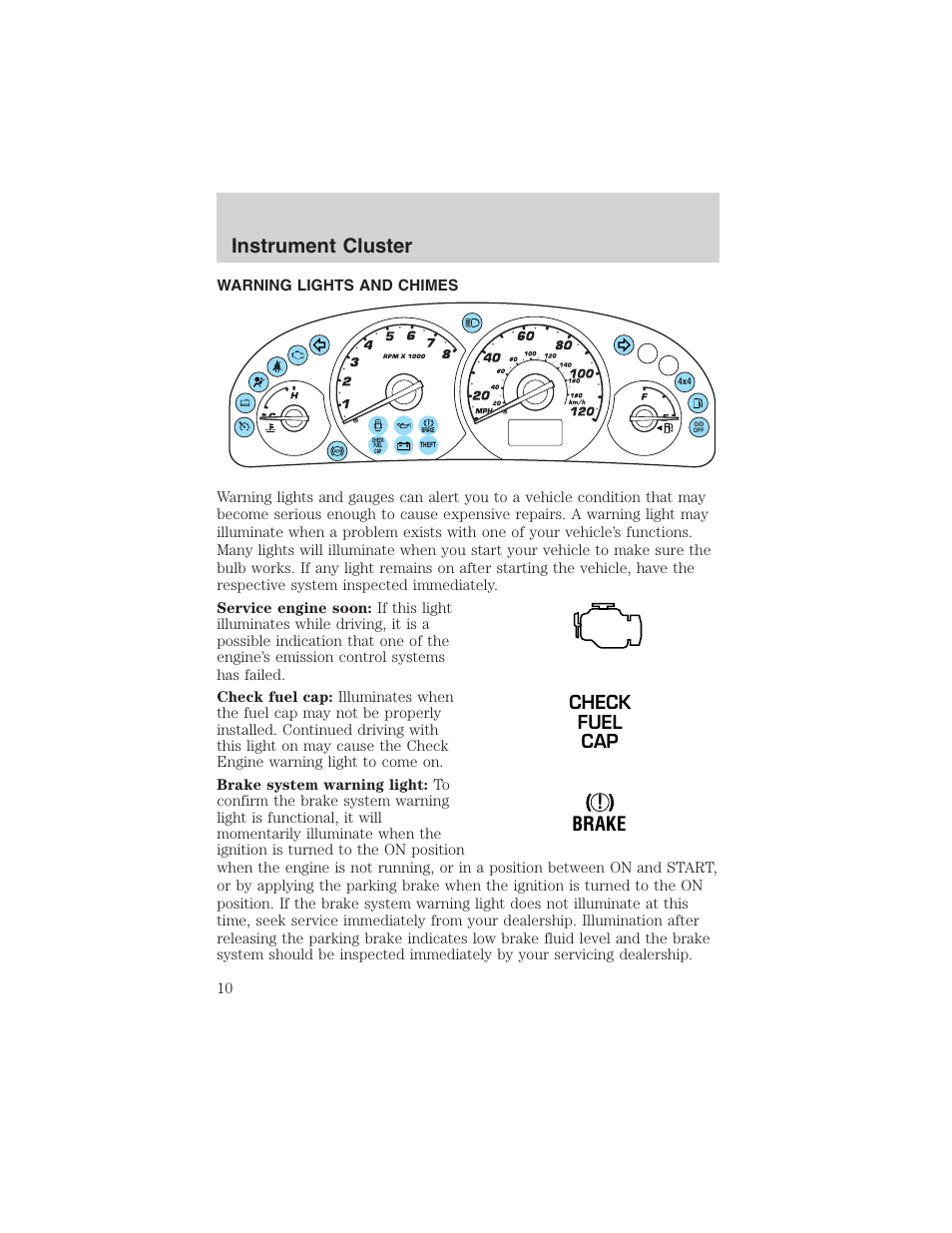 Instrument cluster, Brake, Check fuel cap | FORD 2003 Escape v.1 User Manual | Page 10 / 240
