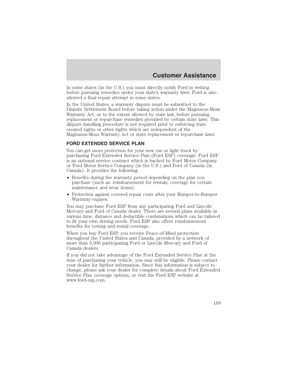 Customer assistance | FORD 2003 Escape v.1 User Manual | Page 169 / 240