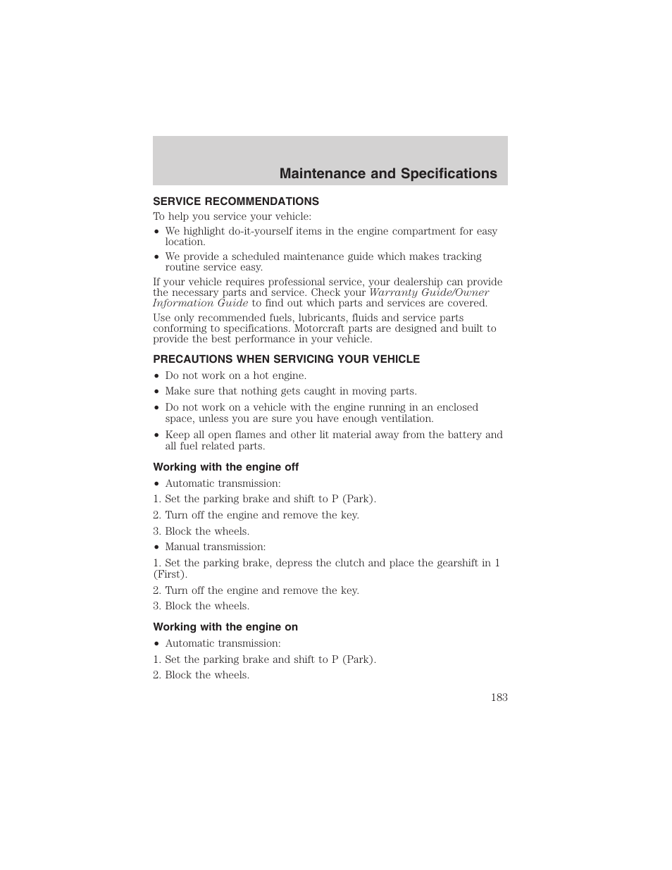 Maintenance and specifications | FORD 2003 Escape v.1 User Manual | Page 183 / 240