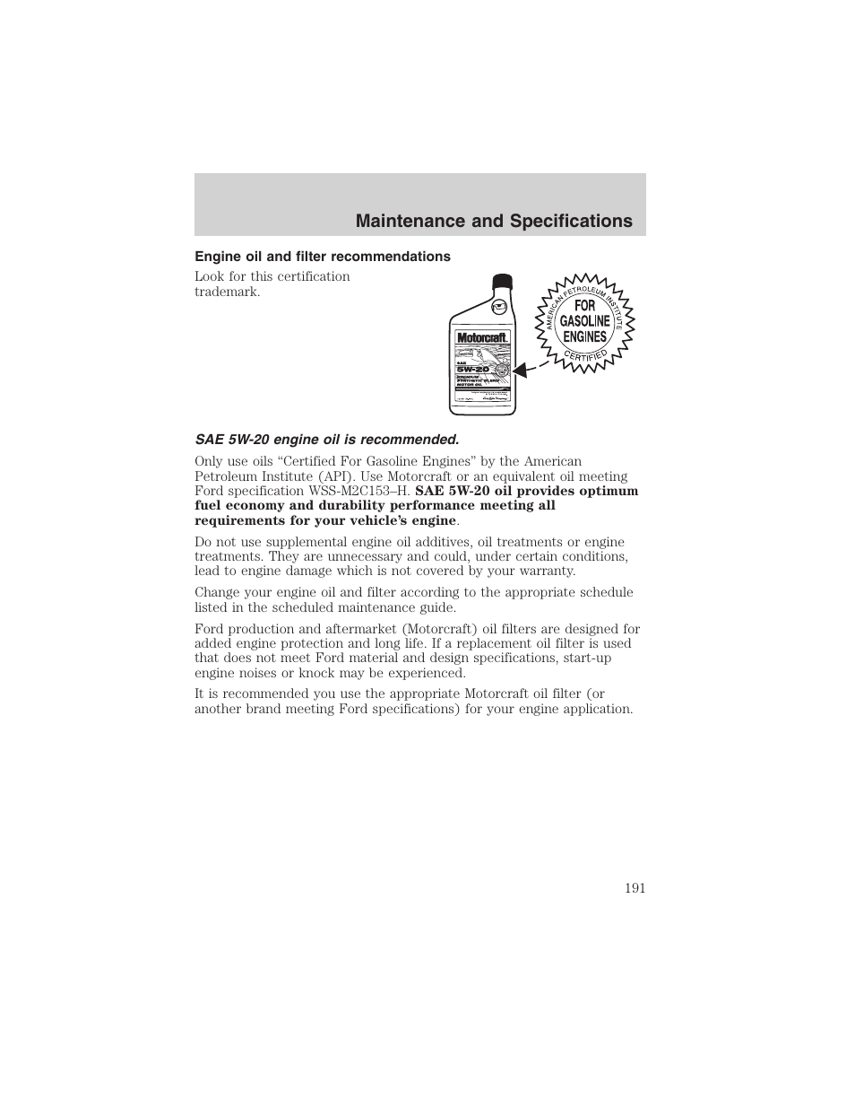 Maintenance and specifications | FORD 2003 Escape v.1 User Manual | Page 191 / 240