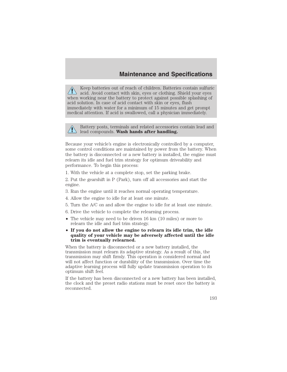 Maintenance and specifications | FORD 2003 Escape v.1 User Manual | Page 193 / 240