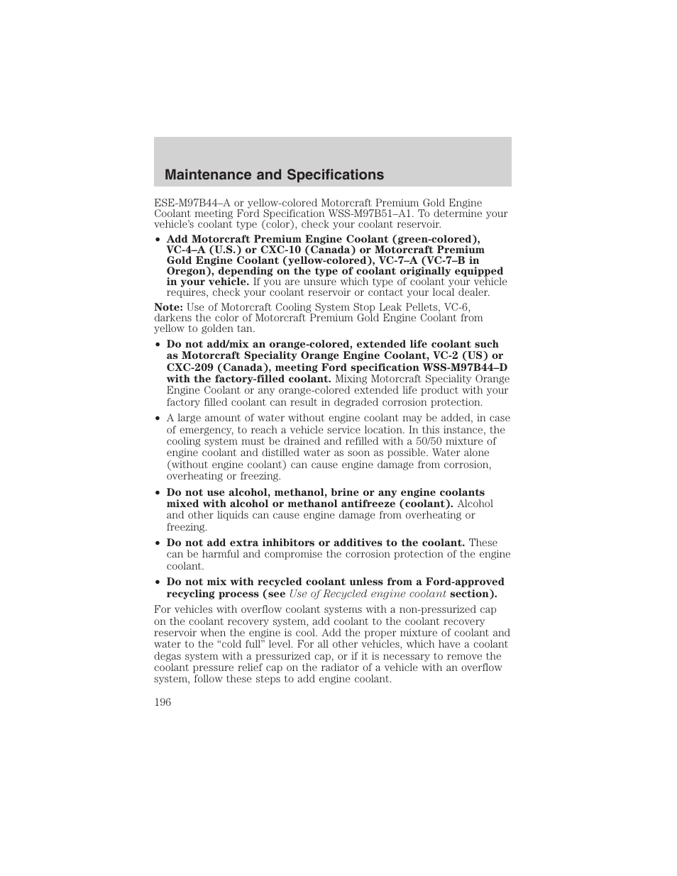 Maintenance and specifications | FORD 2003 Escape v.1 User Manual | Page 196 / 240
