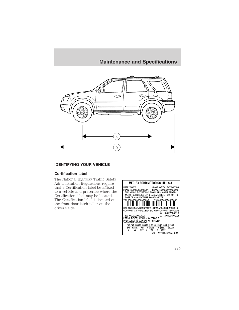 Maintenance and specifications | FORD 2003 Escape v.1 User Manual | Page 225 / 240