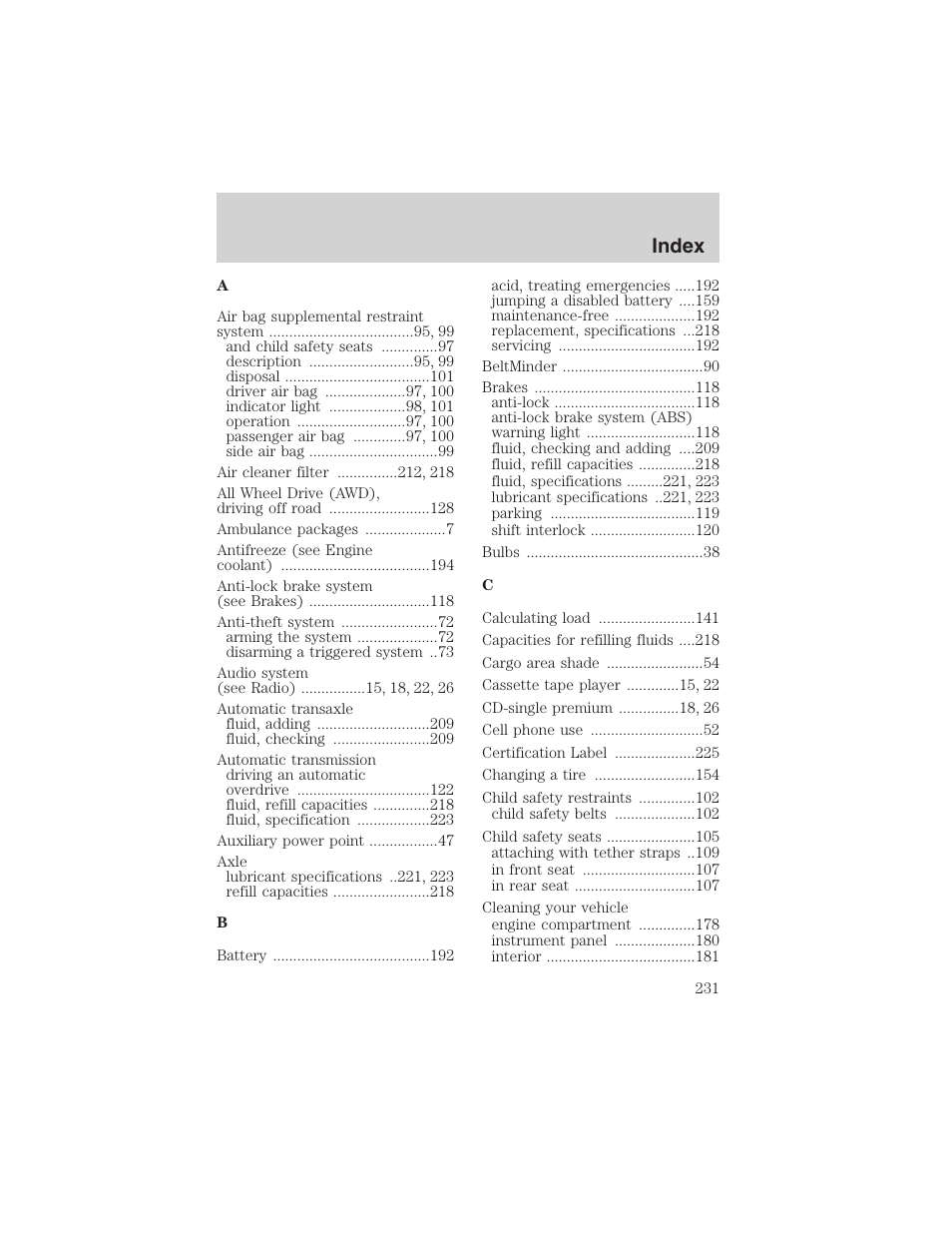 Index | FORD 2003 Escape v.1 User Manual | Page 231 / 240