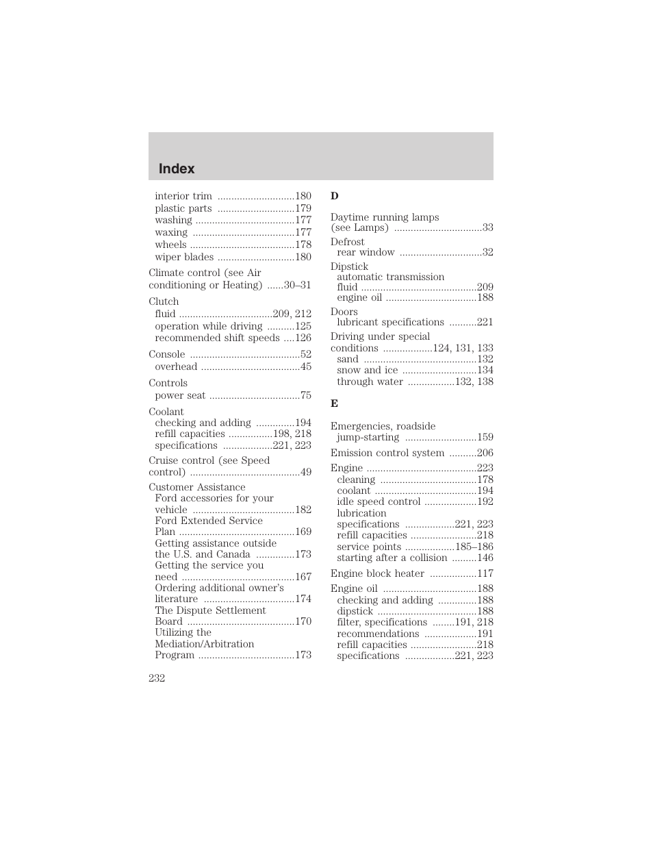 Index | FORD 2003 Escape v.1 User Manual | Page 232 / 240