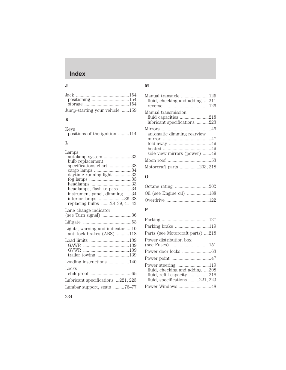 Index | FORD 2003 Escape v.1 User Manual | Page 234 / 240