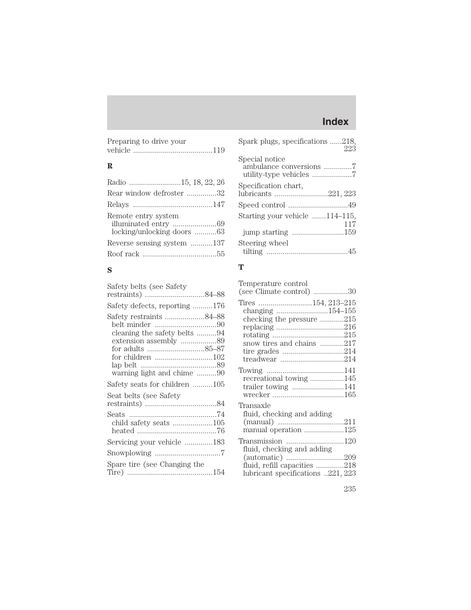 Index | FORD 2003 Escape v.1 User Manual | Page 235 / 240