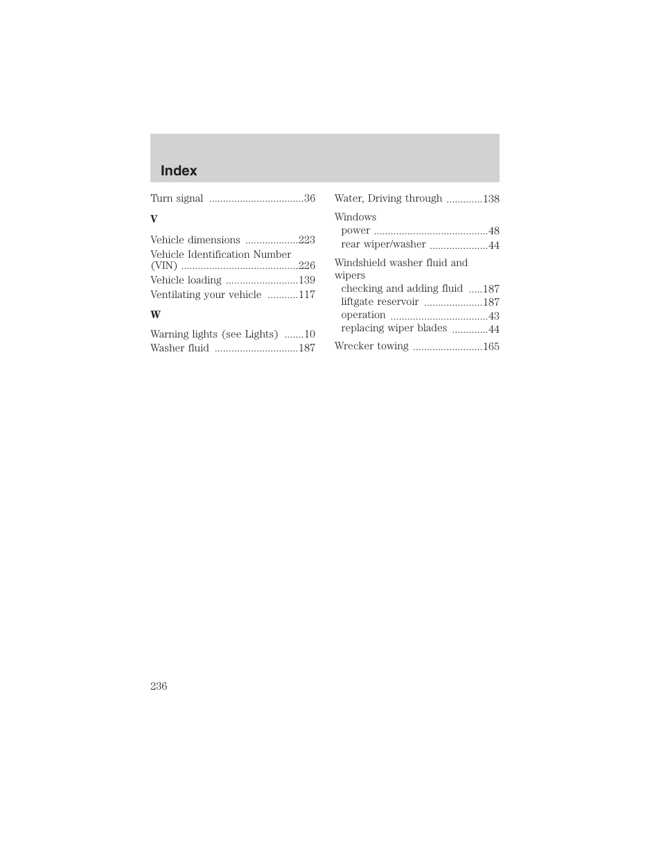 Index | FORD 2003 Escape v.1 User Manual | Page 236 / 240