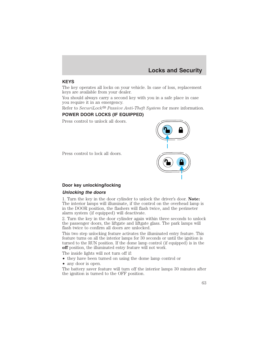 Locks and security | FORD 2003 Escape v.1 User Manual | Page 63 / 240