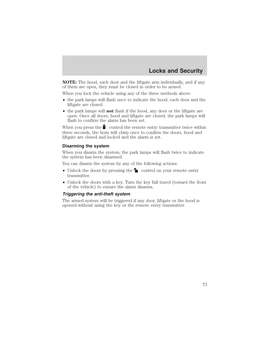 Locks and security | FORD 2003 Escape v.1 User Manual | Page 73 / 240