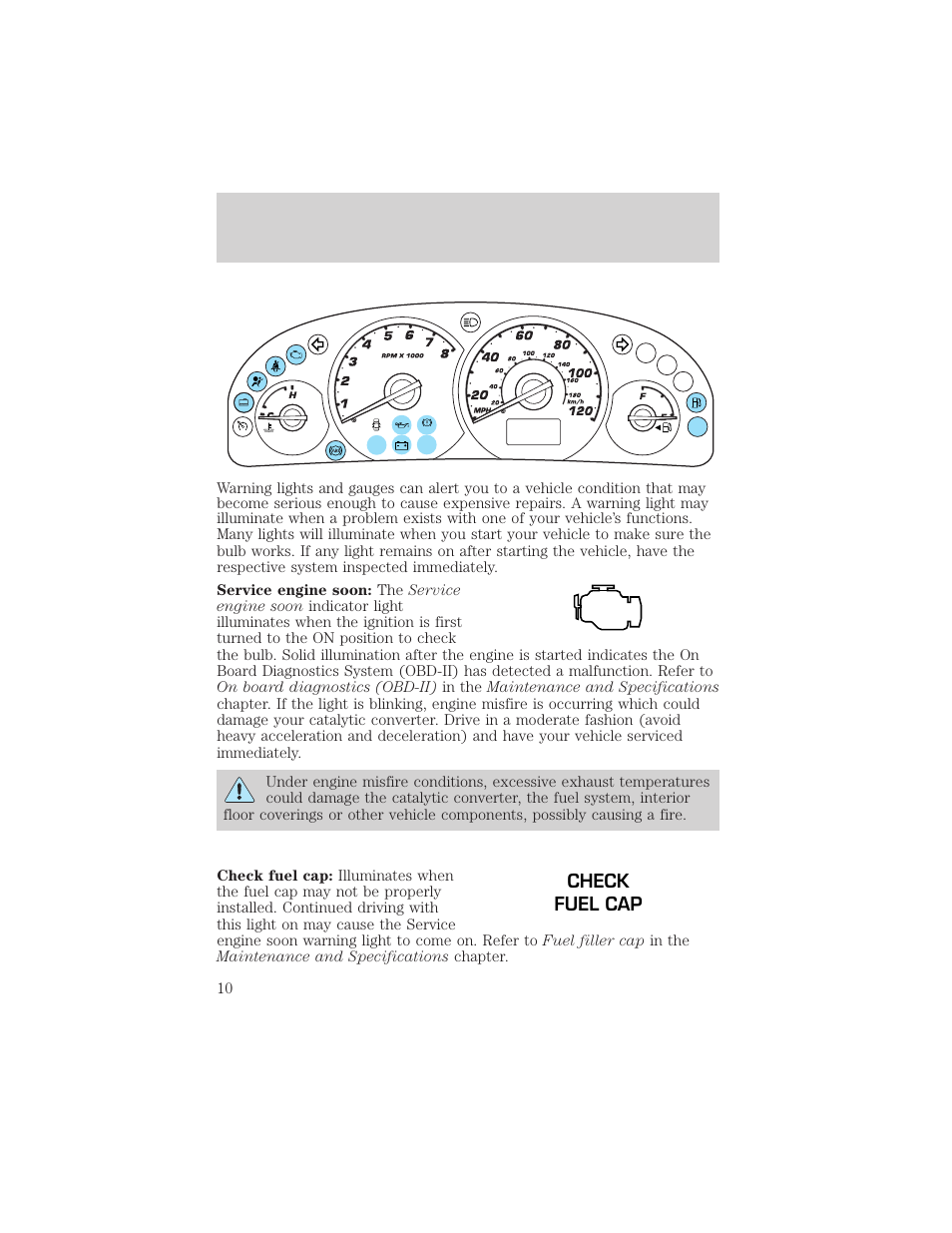 Instrument cluster, Check fuel cap | FORD 2003 Escape v.2 User Manual | Page 10 / 240