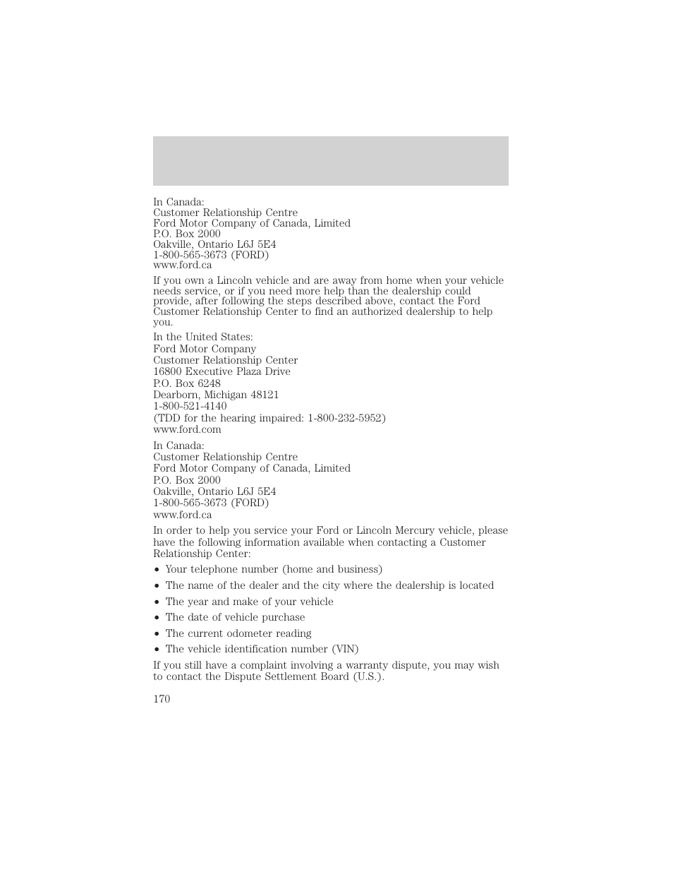 Customer assistance | FORD 2003 Escape v.2 User Manual | Page 170 / 240