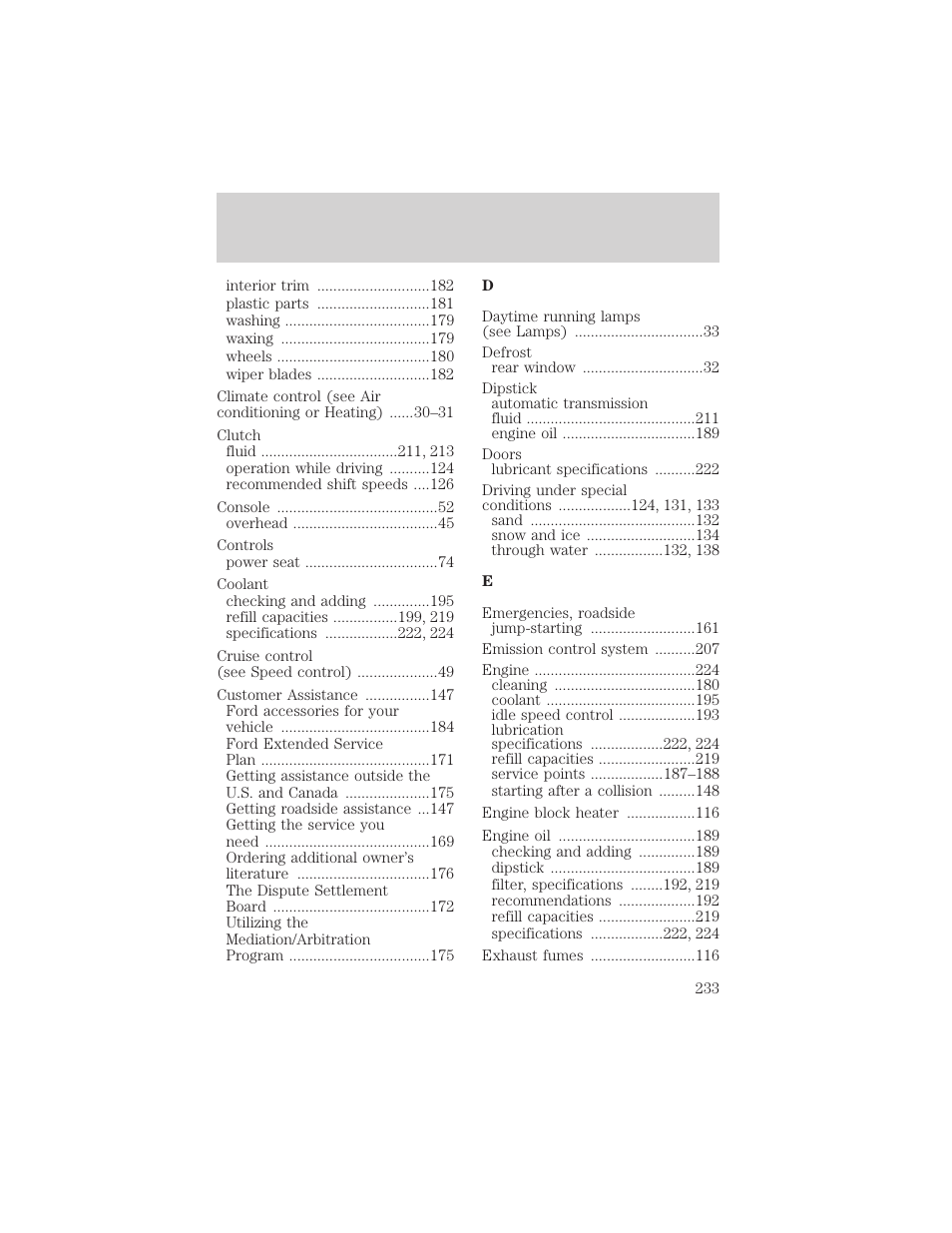 Index | FORD 2003 Escape v.2 User Manual | Page 233 / 240