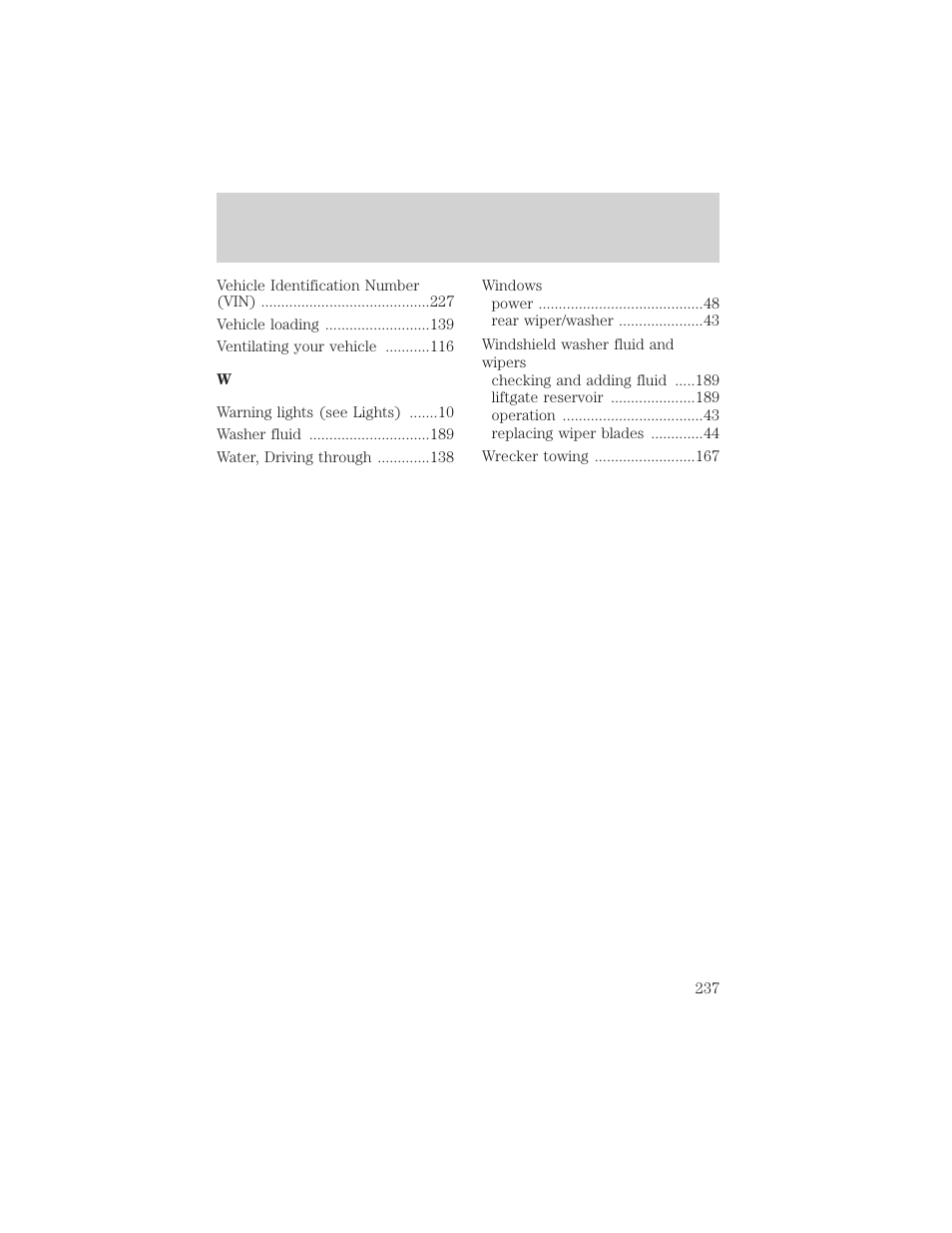 Index | FORD 2003 Escape v.2 User Manual | Page 237 / 240