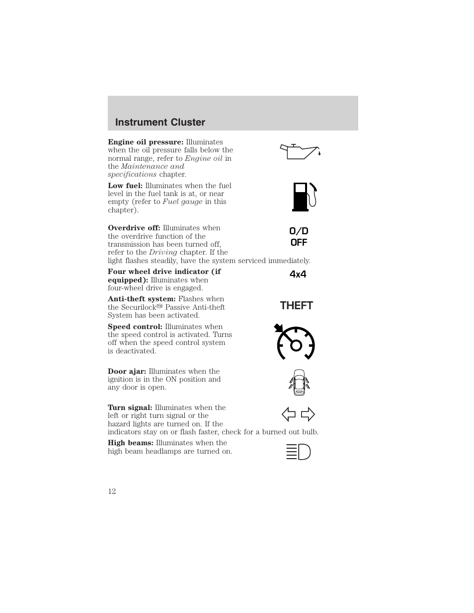 Instrument cluster | FORD 2003 Escape v.3 User Manual | Page 12 / 240