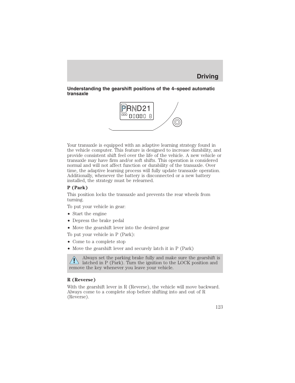 R d 2 1, Driving | FORD 2003 Escape v.3 User Manual | Page 123 / 240