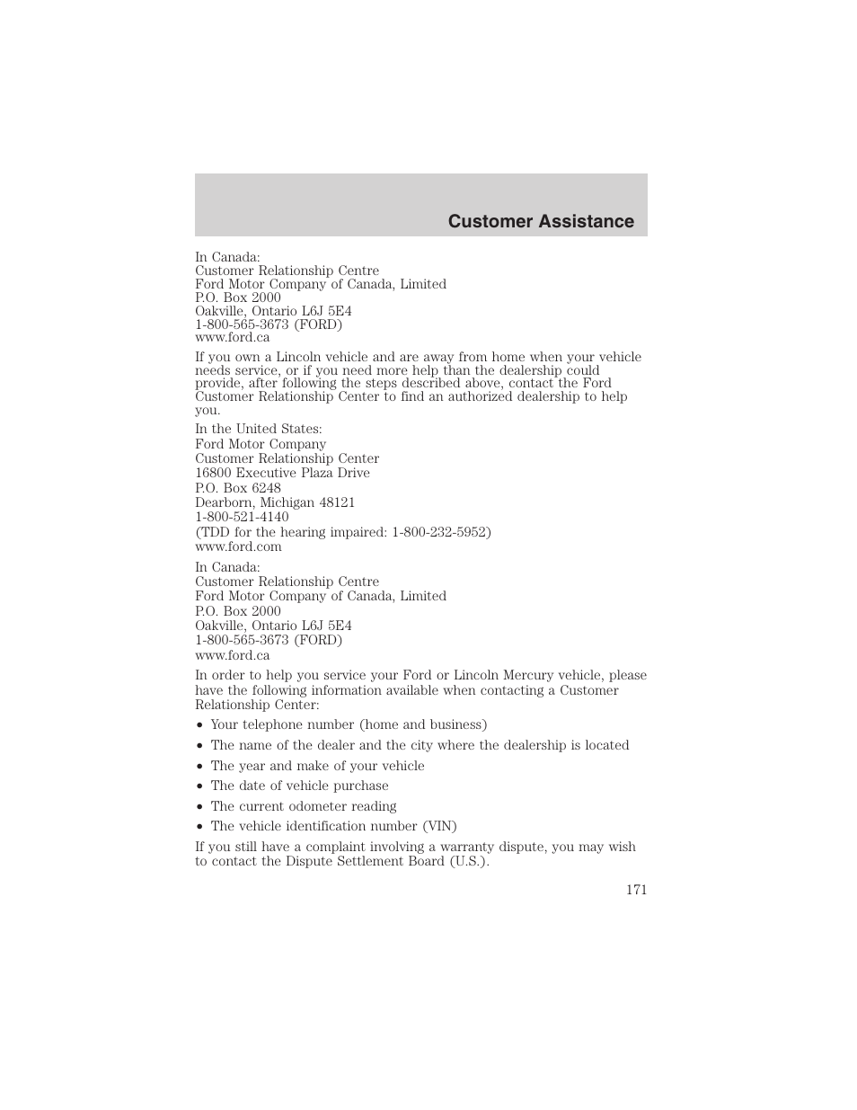 Customer assistance | FORD 2003 Escape v.3 User Manual | Page 171 / 240