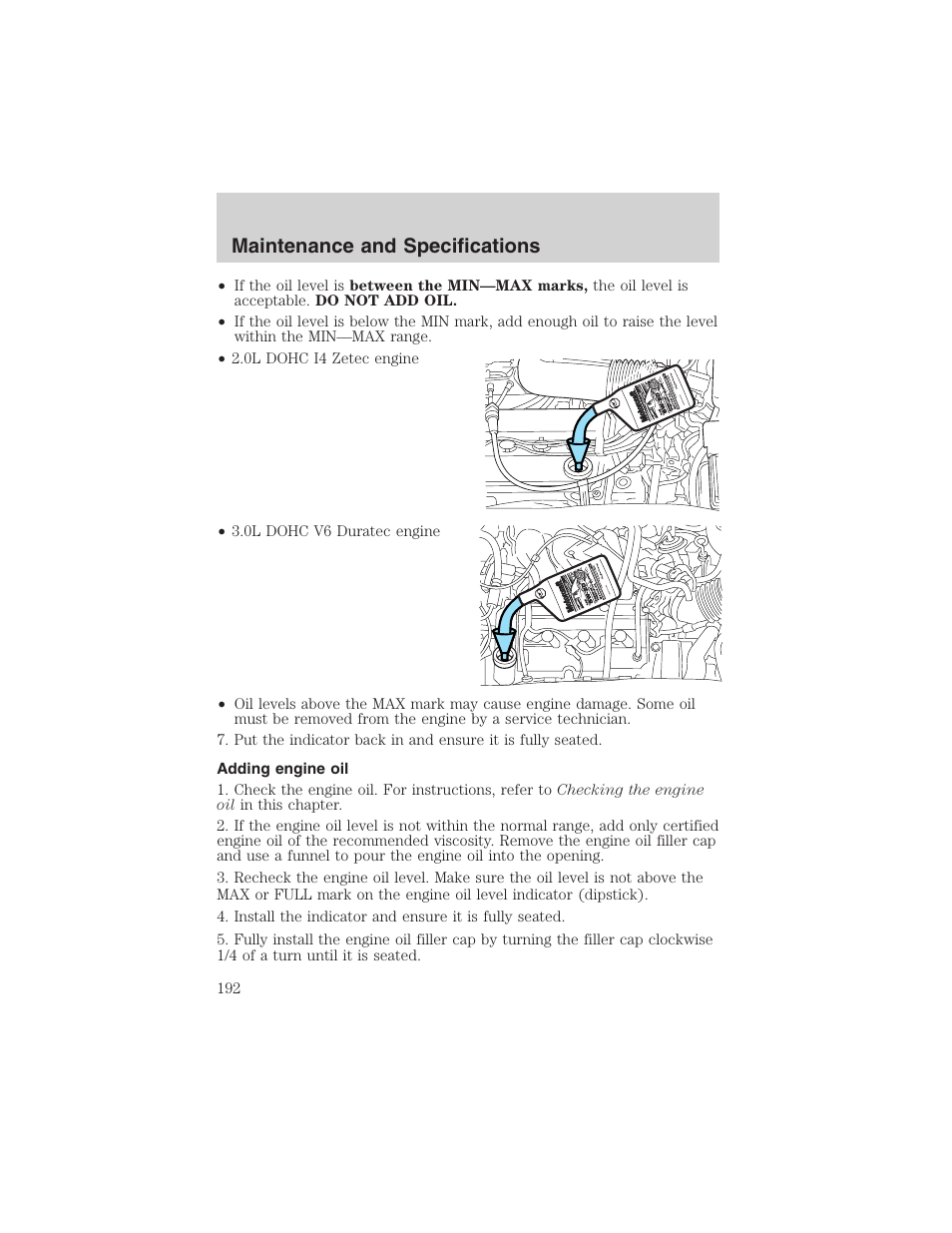 Maintenance and specifications | FORD 2003 Escape v.3 User Manual | Page 192 / 240