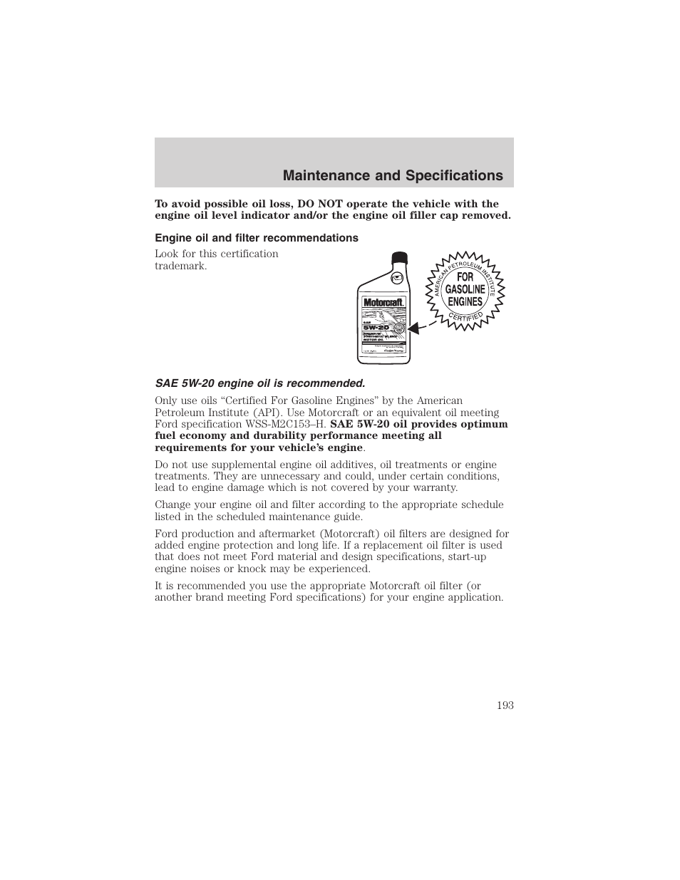 Maintenance and specifications | FORD 2003 Escape v.3 User Manual | Page 193 / 240