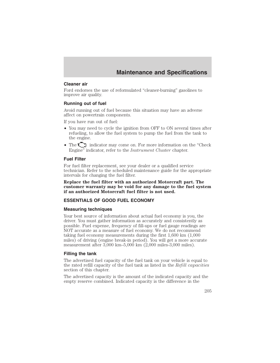 Maintenance and specifications | FORD 2003 Escape v.3 User Manual | Page 205 / 240