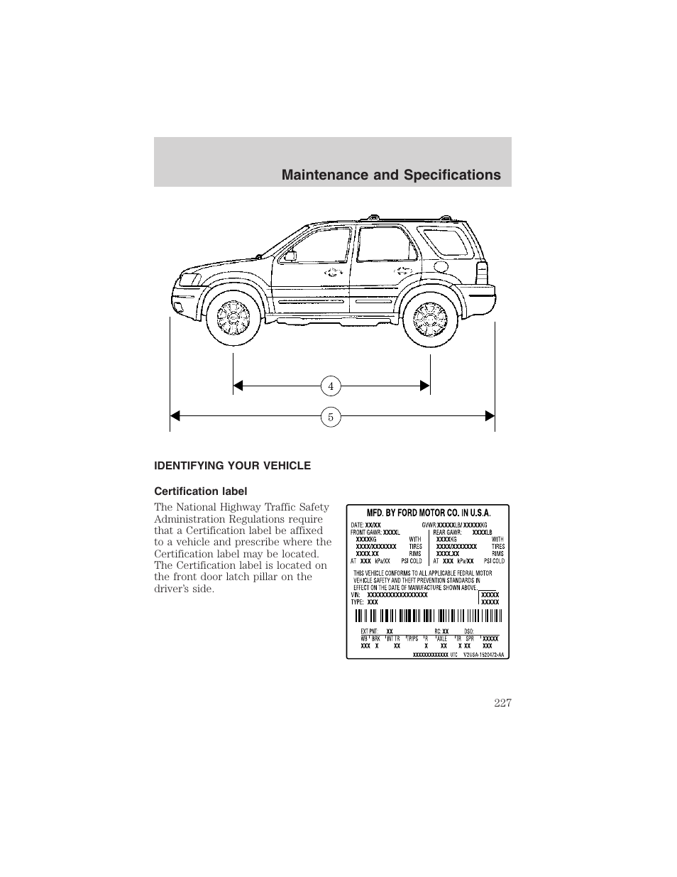 Maintenance and specifications | FORD 2003 Escape v.3 User Manual | Page 227 / 240