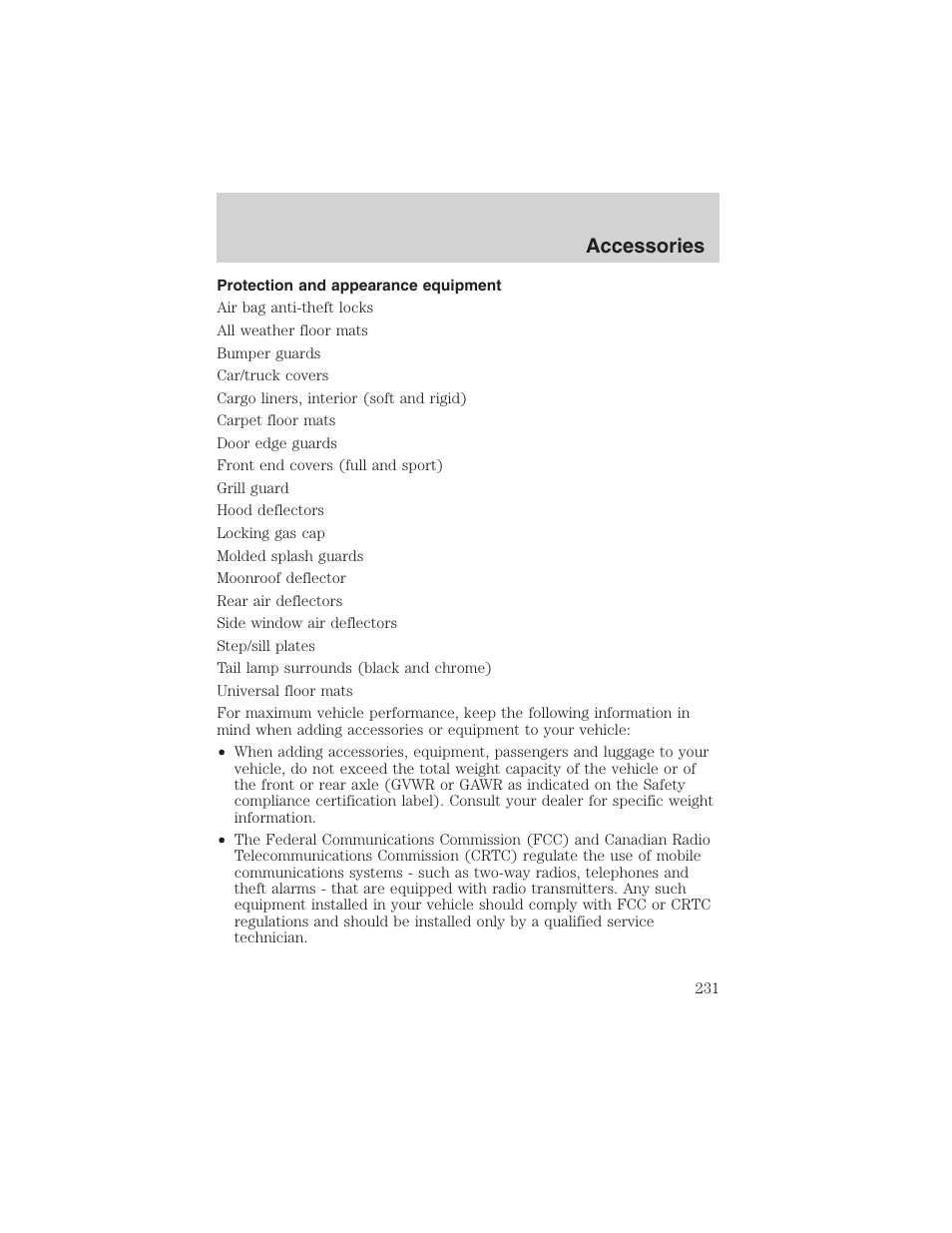 Accessories | FORD 2003 Escape v.3 User Manual | Page 231 / 240