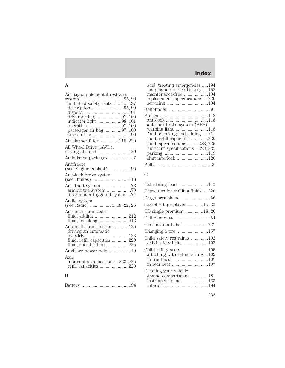 Index | FORD 2003 Escape v.3 User Manual | Page 233 / 240